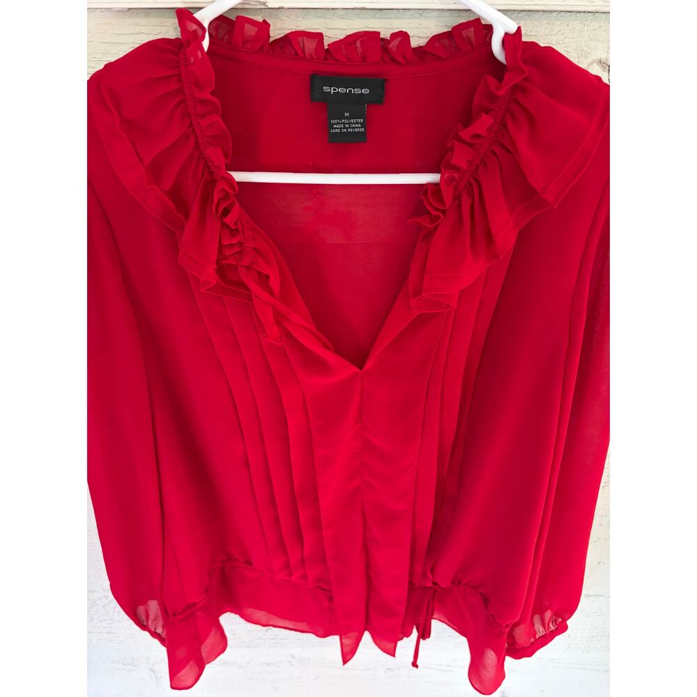 Spense Red Sheer Ruffle Blouse Size Medium Romantic Long Sleeve Tie Front Top - Picture 4 of 7
